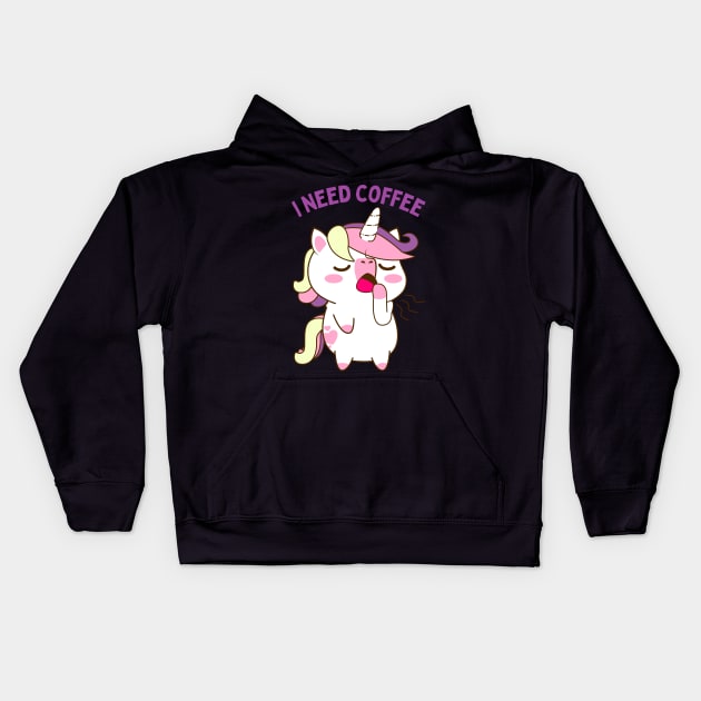 In need of coffee lover coffee addict Funny tired sleepy unicorn Kids Hoodie by BoogieCreates